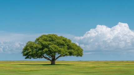 Obraz premium Lush Green Tree under Bright Blue Sky with Fluffy White Clouds in Open Field Landscape during a Sunny Day
