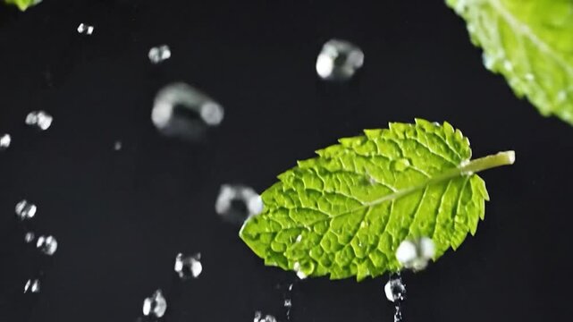Fresh green leaves with water droplets on a dark background