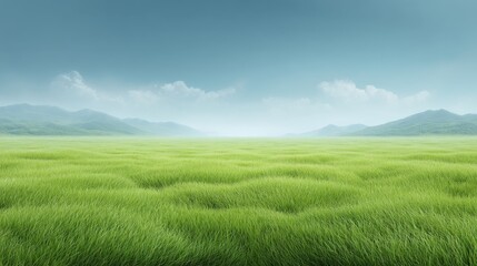 Fototapeta premium Lush Green Grassland Landscape Under Calm Blue Sky with Light Clouds and Distant Mountains in Tranquil Setting