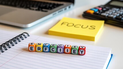 Obraz premium Colorful letter dice spelling EFFICIENCY on a spiral notebook with a blurred laptop calculator and FOCUS sticky note on a bright desk