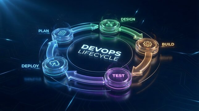 DevOps Lifecycle Concept with Glowing Digital Diagram and Icons