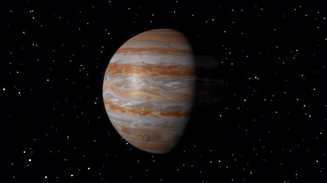 Jupiter rotates in a dark space environment. Moons orbit around Jupiter while distant stars provide a backdrop.