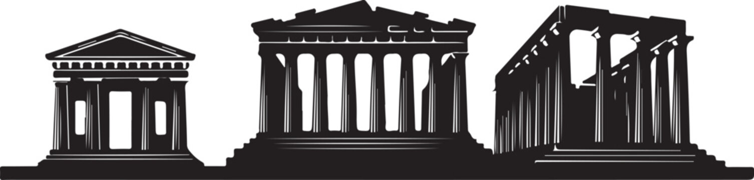 Three ancient greek temple silhouettes with columns and steps side by side