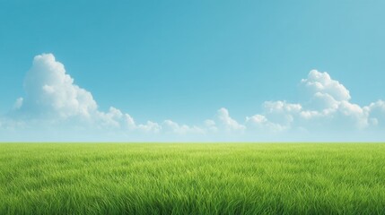 Obraz premium Lush Green Grass Field Under Clear Blue Sky with Fluffy White Clouds and Bright Sunshine in Tranquil Landscape