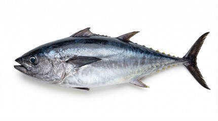 Naklejka premium Whole fresh raw tuna fish with shiny silver blue scales isolated on a clean white background.