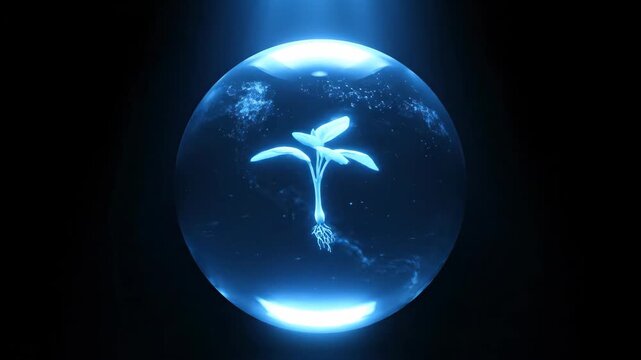 Glowing blue plant seedling growing inside glass sphere, a nature technology concept, growth and science, life.