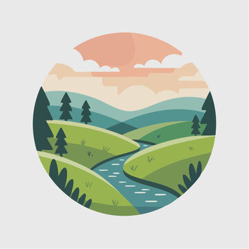 colorful illustration of rolling hills and river landscape