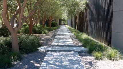 Obraz premium Serene Pathway Surrounded by Trees and Greenery in Modern Landscape Design with Sunlit Atmosphere