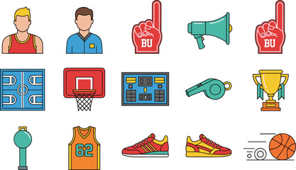 Basketball sport equipment icons set, court hoop jersey shoes trophy whistle megaphone fan foam hand illustration collection © Itz Marjia