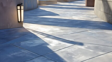 Serene Pathway with Architectural Shadows and Light Play in a Modern Urban Setting Under Clear Blue Sky