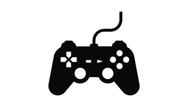 Solid black silhouette of a modern video game console controller with joystick, d-pad, and buttons on a white background.