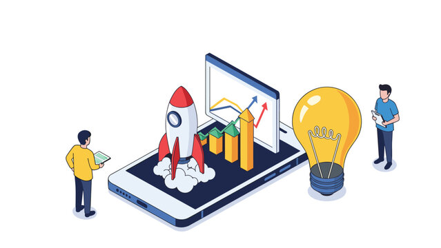Business professionals analyzing a mobile startup concept featuring a launching rocket, growth charts, and a large light bulb idea.