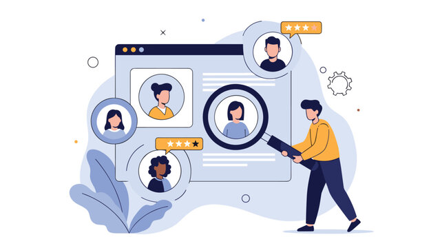 Human resources professional evaluating multiple candidate job profiles and ratings on a large desktop computer screen interface.