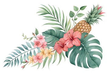 Obraz premium Watercolor Tropical Composition - Monstera Leaves Hibiscus Flowers Pineapples and Tropical Blooms