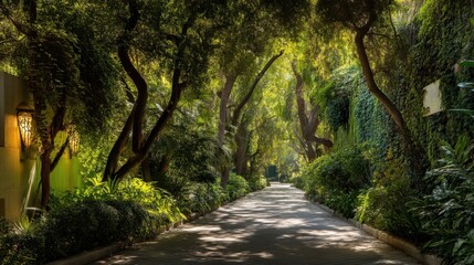 Obraz premium Serene Pathway Through Lush Greenery in a Tranquil Garden Setting with Sunlight Filtering Through Trees