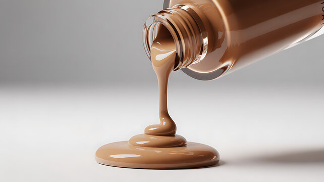 Creamy brown foundation pouring from a glass bottle onto a clean white surface
