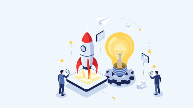 Creative startup team launching a rocket from a platform next to a giant lightbulb and a gear representing innovation.