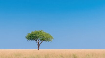 Obraz premium Isolated green tree under clear blue sky with golden grass landscape in arid region showcasing natural beauty and tranquility