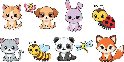 Vector set of cute cartoon baby animals and insects including kittens puppy rabbit panda fox bee butterfly ladybug and dragonfly isolated on white background © MdSaddam
