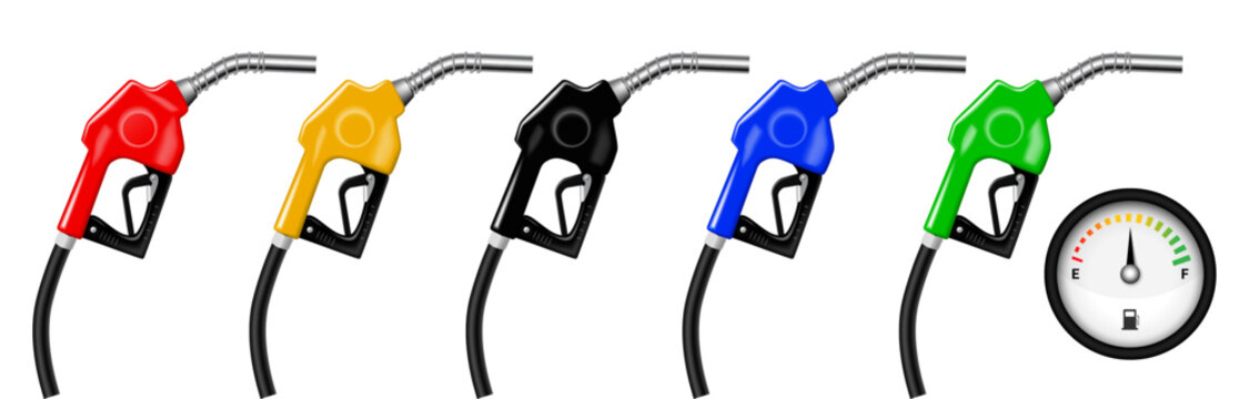 Fuel pump nozzles set with fuel gauge indicator on white background. Gas station fuel nozzles and fuel level meter vector template