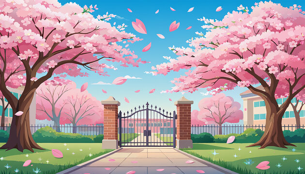 Anime School Entrance with Cherry Blossoms Generative AI