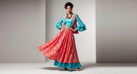 Fototapeta premium Elegant woman posing in a vibrant colorful lace dress and jacket in a studio