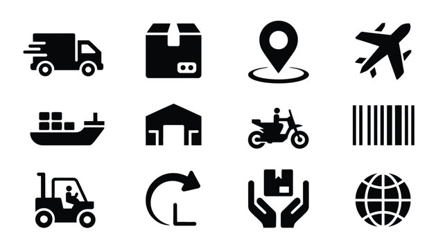 Logistics and shipping icons set including truck plane ship motorcycle warehouse and globe on white background