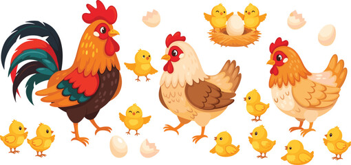 Vector set of cute cartoon chicken family characters including rooster, hens, and yellow chicks with eggs and nests isolated on white background. © MdSaddam