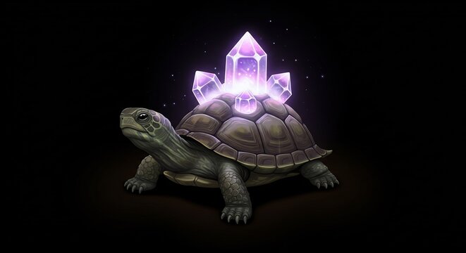 Majestic turtle patiently carries a magnificent cluster of glowing amethyst crystals radiating vibrant purple energy. AI Generated