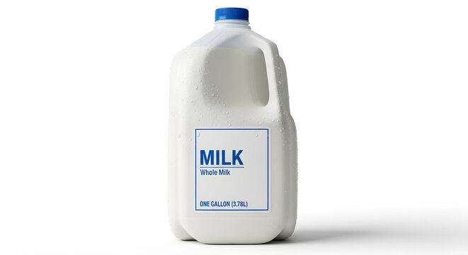 A plastic gallon container of fresh whole milk with condensation droplets on the surface isolated on a white background