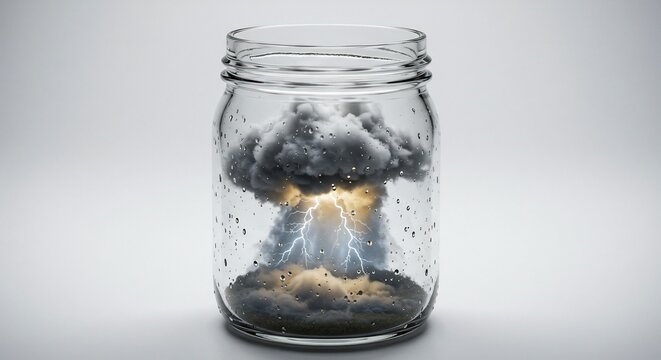 Powerful lightning storm vividly trapped inside a clear glass jar glowing dramatically under bright studio lights. AI Generated