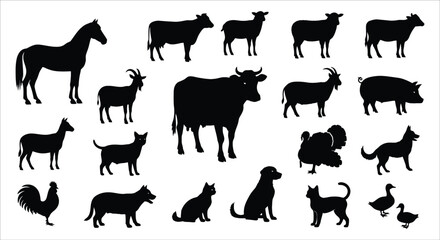 Silhouette collection of various farm animals including horses cows goats and fowl © sourov