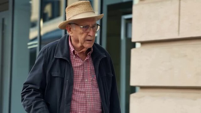 Elderly Man in Thought: An elderly gentleman, adorned in a stylish hat and spectacles, is deep in thought as he strolls down a bustling city street. The man's gaze reflects a lifetime of experience.