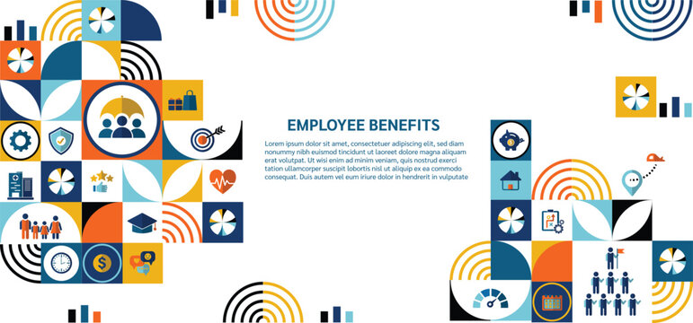 Employee benefits package and engagement concept. Employee health insurance ,paid vacation, financial perks, workplace perks. Incentive motivation for corporate company. Vector illustration template.