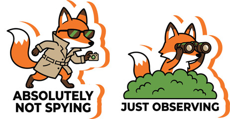 Fototapeta premium Humorous vector illustration depicting two cartoon foxes in various clandestine and observational roles outdoors, emphasizing playful secrecy.