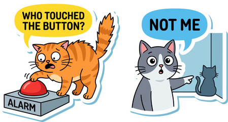 A funny sticker illustration of a cute cat setting off an alarm as another feline humorously denies involvement, perfect for a lighthearted message.