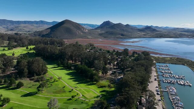 Aerial view of green golf course in Morro Bay State Park, Morrow Bay, San Luis Obispo County, California