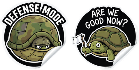 Obraz premium A set of funny, cute sticker designs featuring cartoon turtles in various humorous situations, from defense mode to surrender