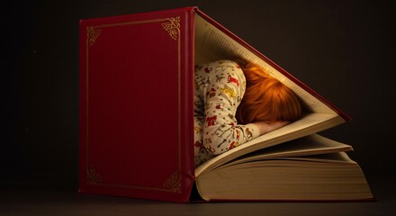 Open vivid red book beautifully lit reveals a charming fabric doll creating a warm imaginative story.. AI Generated © lananh