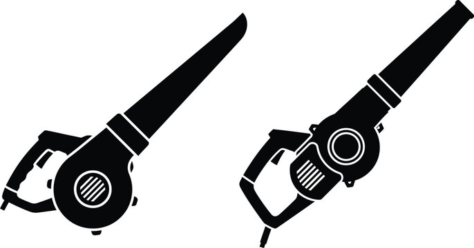 Black silhouette icons of two leaf blower tools on white background with yard work with power tool
