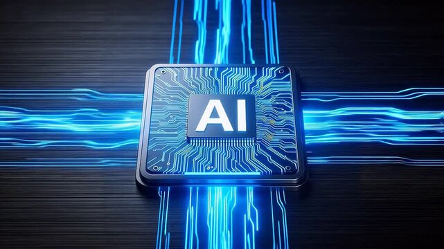 Futuristic AI chip with glowing blue circuitry and 'AI' logo on dark textured surface &mdash; advanced technology, machine learning, and artificial intelligence concept