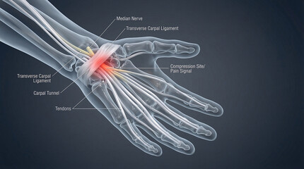 Naklejka premium 3D Transparent Wrist Anatomy Highlighting Median Nerve Compression in Carpal Tunnel Syndrome