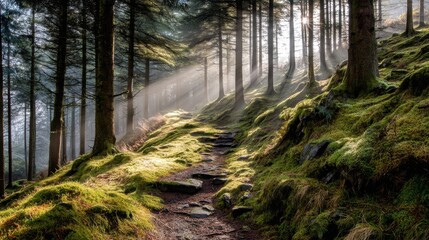 Obraz premium Serene Forest Pathway Surrounded by Lush Greenery and Enlightening Sunlight Filters Through Tall Trees