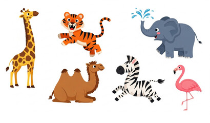 Obraz premium Playful tropical wildlife animals cartoon vector illustration with giraffe tiger elephant camel zebra flamingo cute kids characters isolated on white