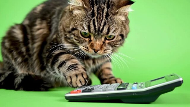 Curious tabby cat interacts with calculator on green background symbolizing learning and exploration