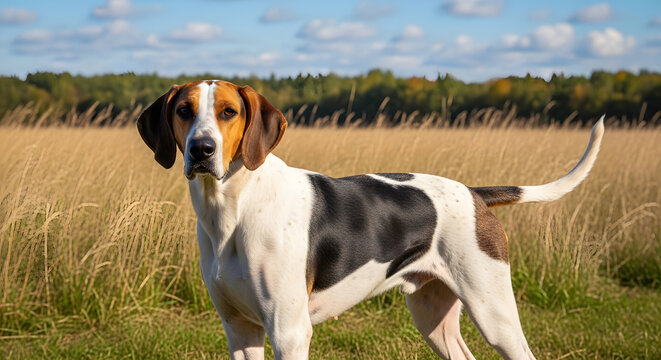 A tricolor hound dog standing in a field of tall dry grass under a blue sky with soft clouds