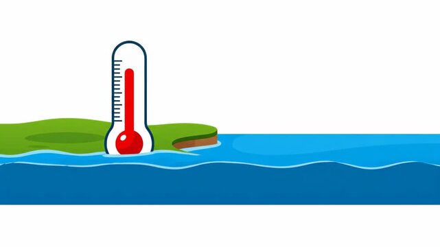 Thermometer shows rising temperature near island and ocean waves.