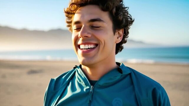 Mental Wellness and Travel: Smiling Male Traveler Enjoying the Coastline at Golden Hour