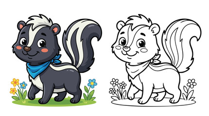 Naklejka premium Cute Skunk Walk Coloring Page and Colored Illustration