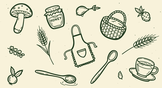 Hand drawn collection of food and kitchen items for cooking and baking